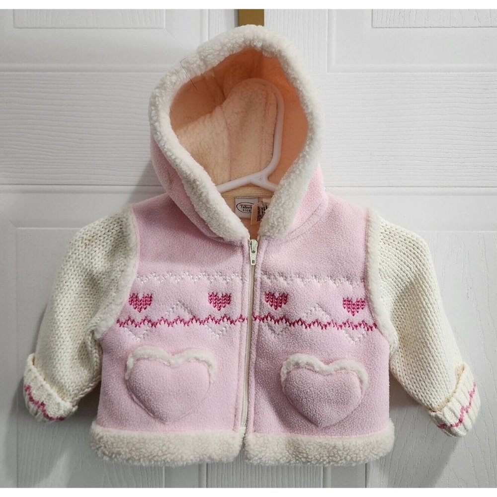 Vintage Talbots Kida Baby Girl Hooded Sweater Jacket Sherpa Lined Pink Hearts 0M